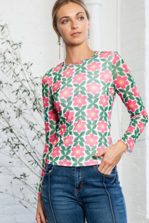 The Cassandra Floral Round Neck Top - PEONIES & LIME