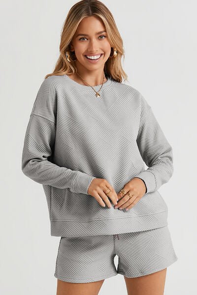 The Catherine Texture Long Sleeve Top and Drawstring Shorts Set