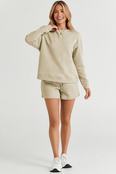 The Catherine Texture Long Sleeve Top and Drawstring Shorts Set