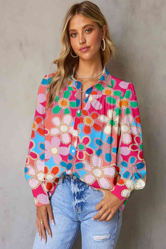 The Celeste Floral Print Lantern Sleeve Shirt - PEONIES & LIME