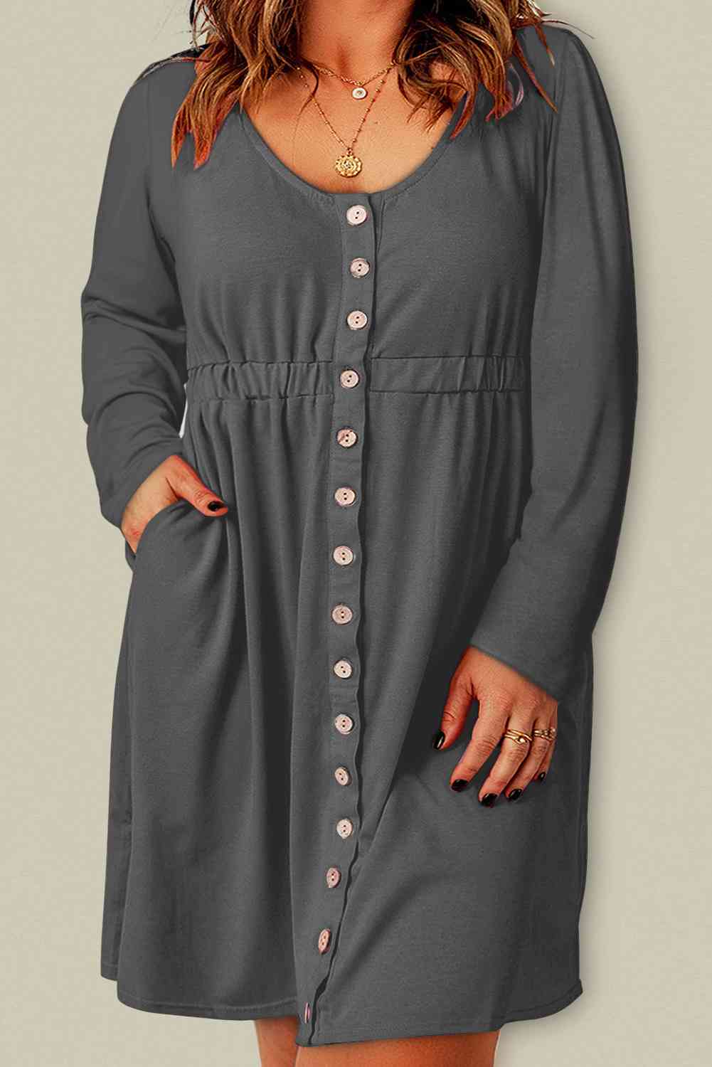 The Charlie Button Front Elastic Waist Long Sleeve Dress