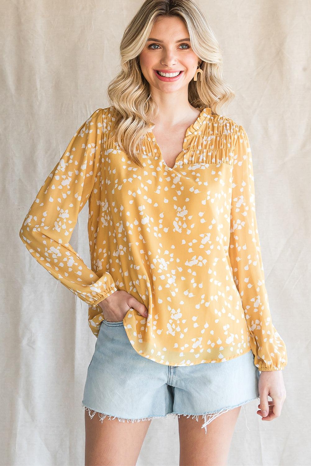 The CJ Notched Neck Smocked Blouse - PEONIES & LIME