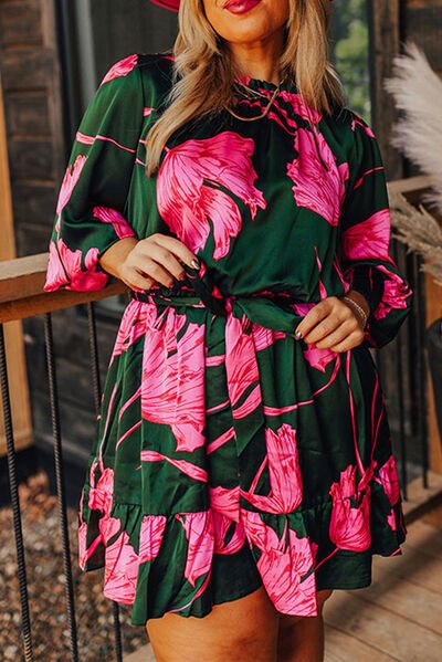 The Connie Plus Size Printed Lantern Sleeve Ruffle Hem Dress - PEONIES & LIME