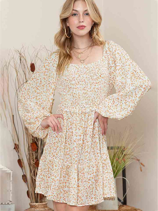 The Crystaline Square Neck Long Sleeve Smocked Dress