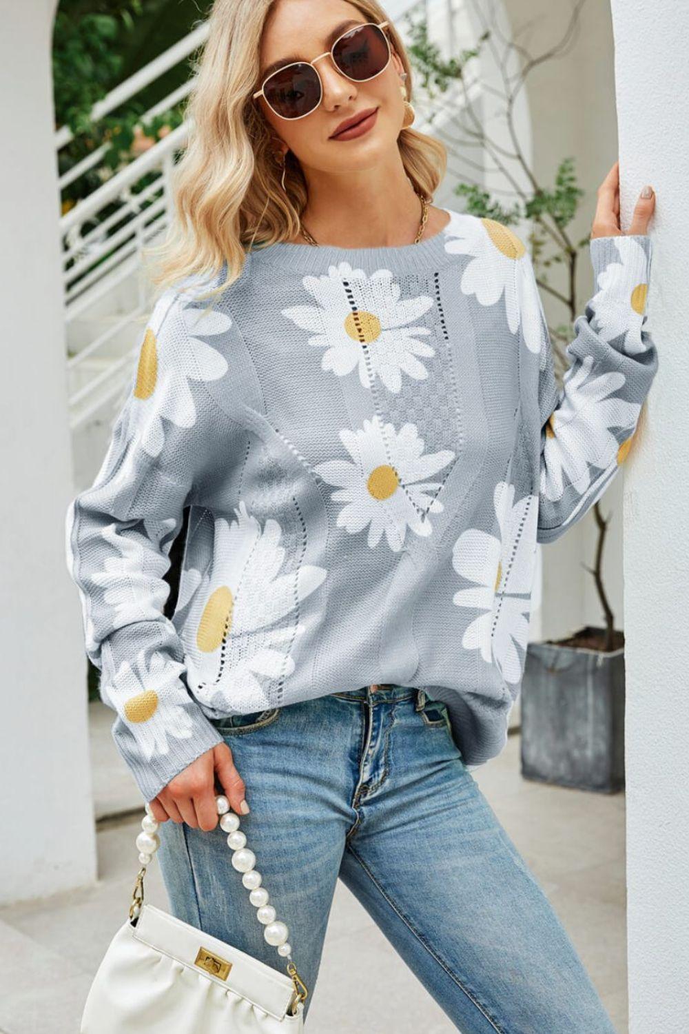 Daisy Print Openwork Round Neck Sweater - PEONIES & LIME