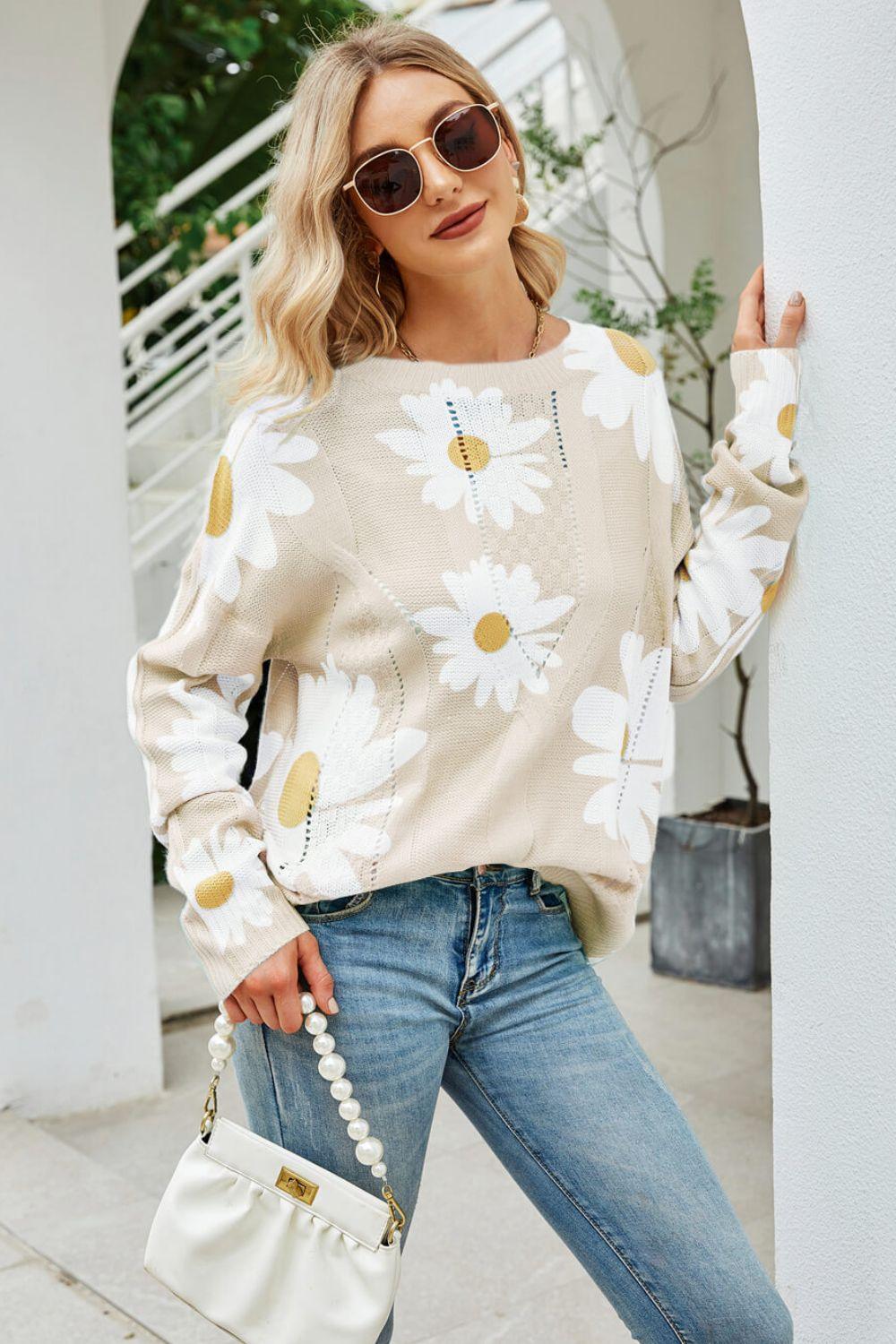 Daisy Print Openwork Round Neck Sweater - PEONIES & LIME