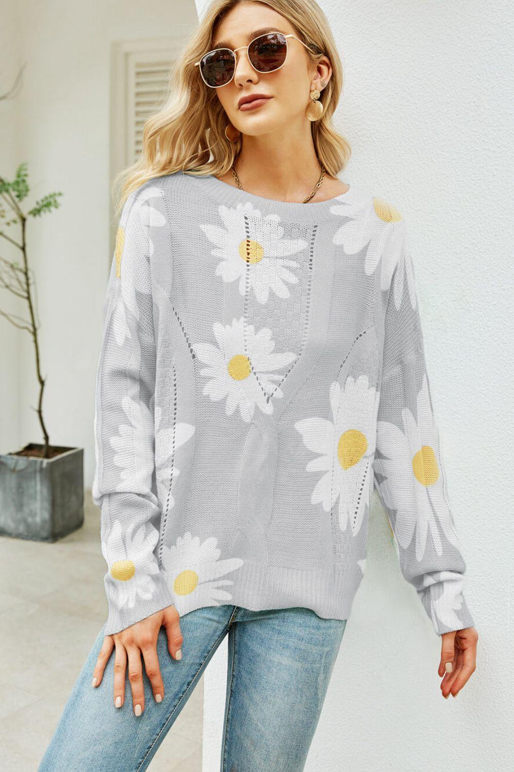 Daisy Print Openwork Round Neck Sweater - PEONIES & LIME