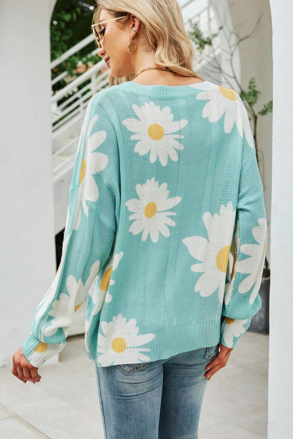 Daisy Print Openwork Round Neck Sweater - PEONIES & LIME