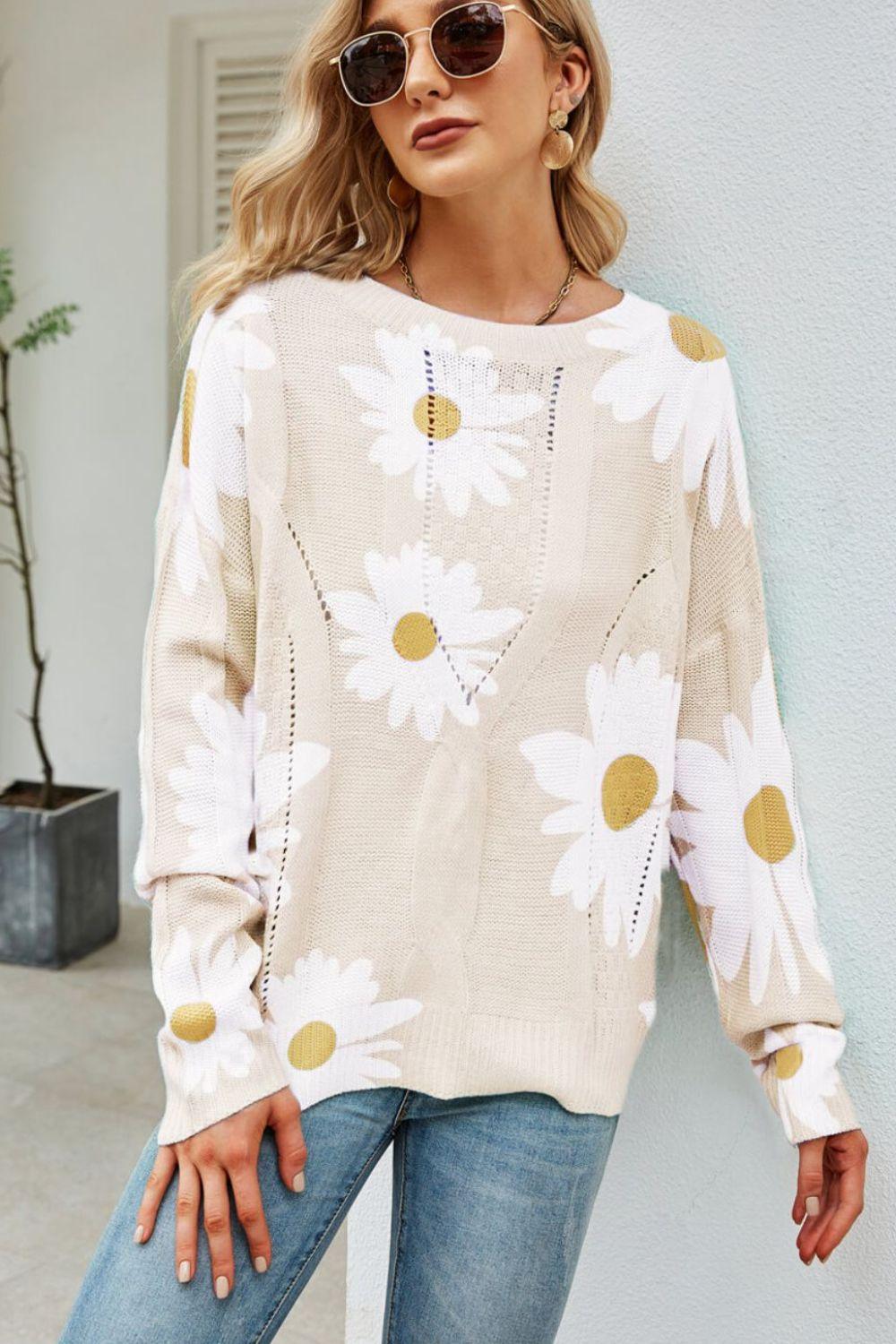 Daisy Print Openwork Round Neck Sweater - PEONIES & LIME