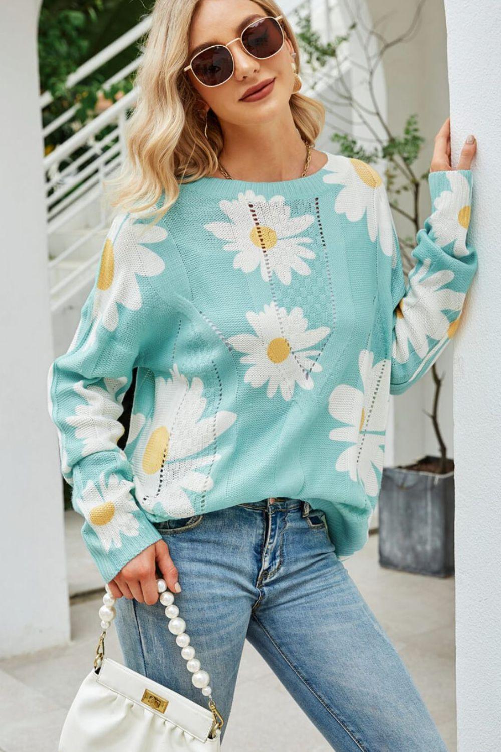 Daisy Print Openwork Round Neck Sweater - PEONIES & LIME