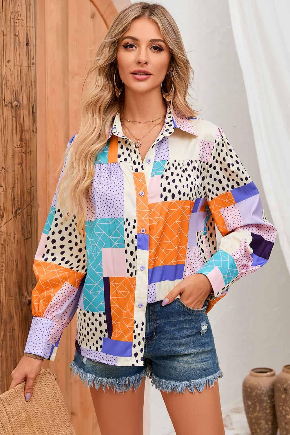 The Elle Patchwork Puff Sleeve Shirt - PEONIES & LIME