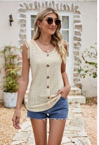 Full Size Decorative Button Eyelet Tied Tank - PEONIES + LIME