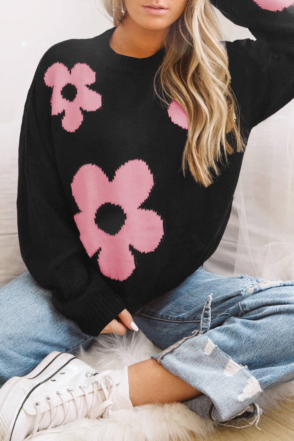 The Fauna Round Neck Floral Pattern Long Sleeve Sweater - PEONIES & LIME
