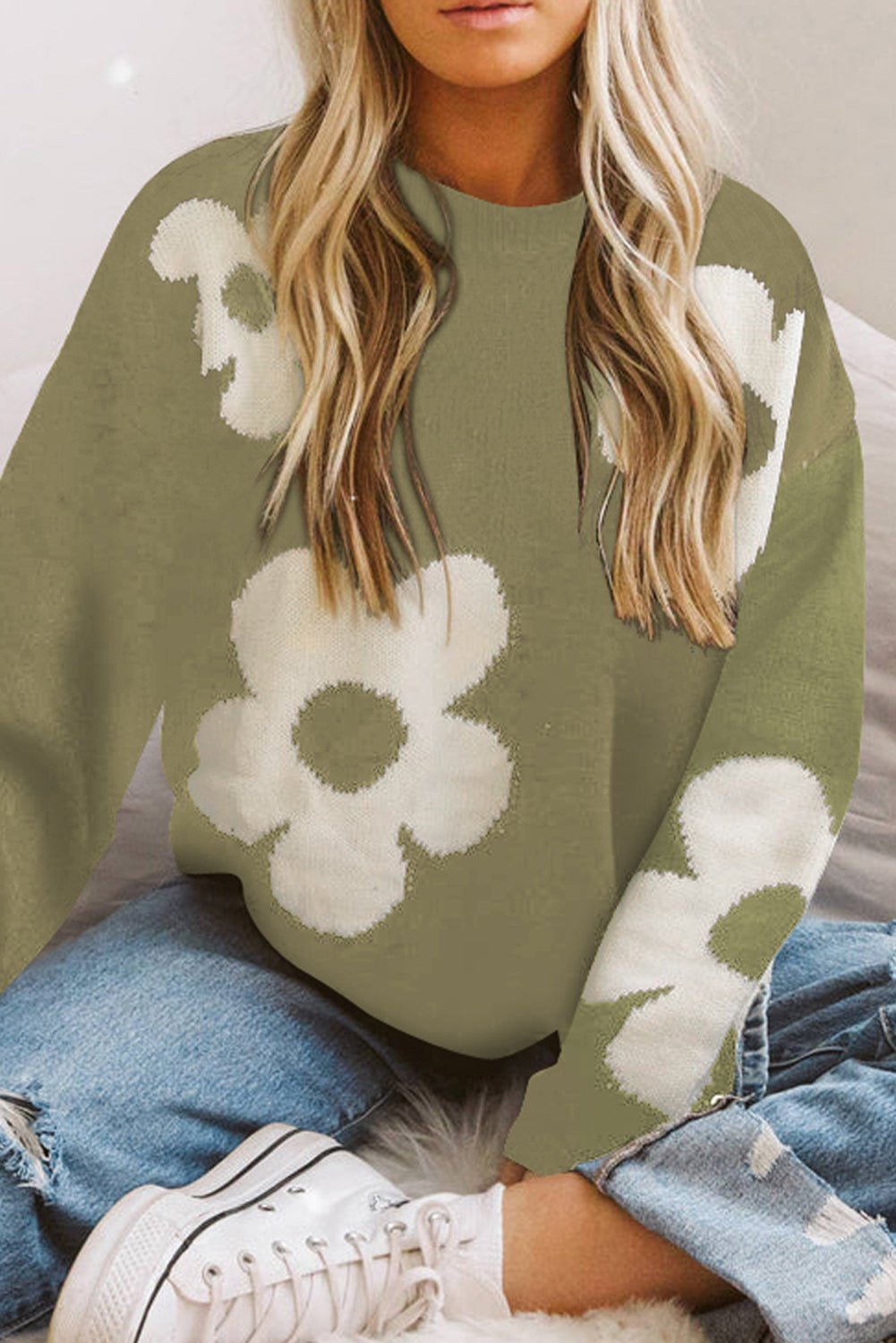 The Fauna Round Neck Floral Pattern Long Sleeve Sweater - PEONIES & LIME