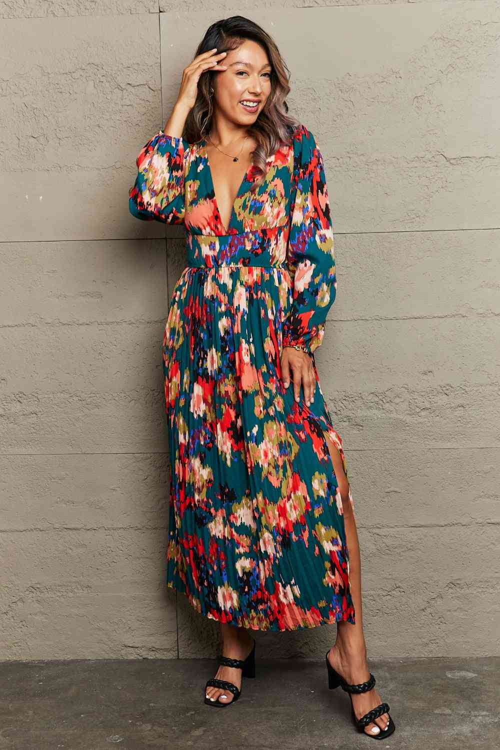 The Halle Floral Deep V Slit Pleated Dress