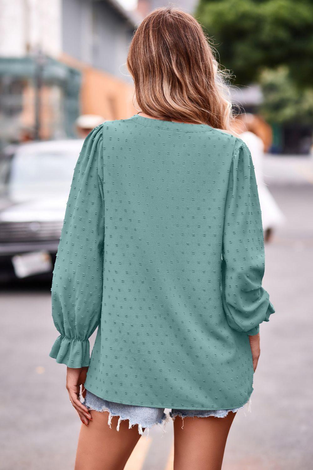 Swiss Dot Notched Neck Flounce Sleeve Blouse - PEONIES + LIME