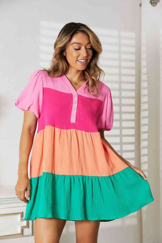 The Kailani Color Block Buttoned Puff Sleeve Dress