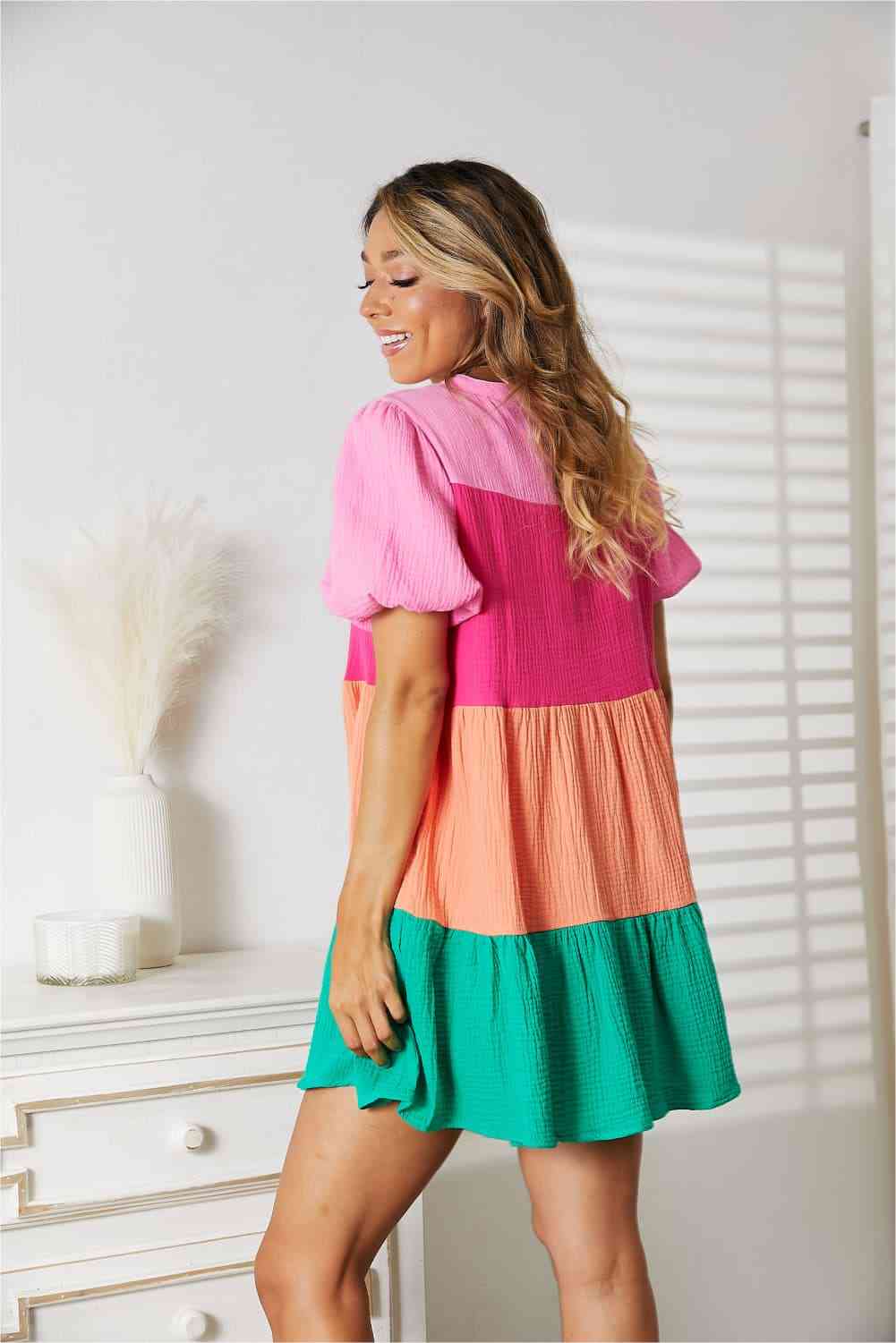 The Kailani Color Block Buttoned Puff Sleeve Dress