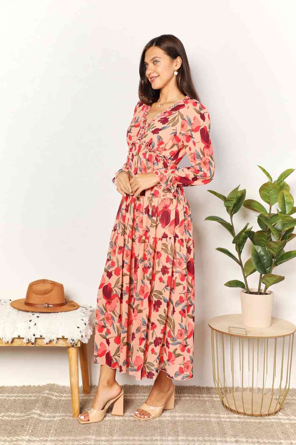 The Kamari Floral Flounce Sleeve Plunge Maxi Dress