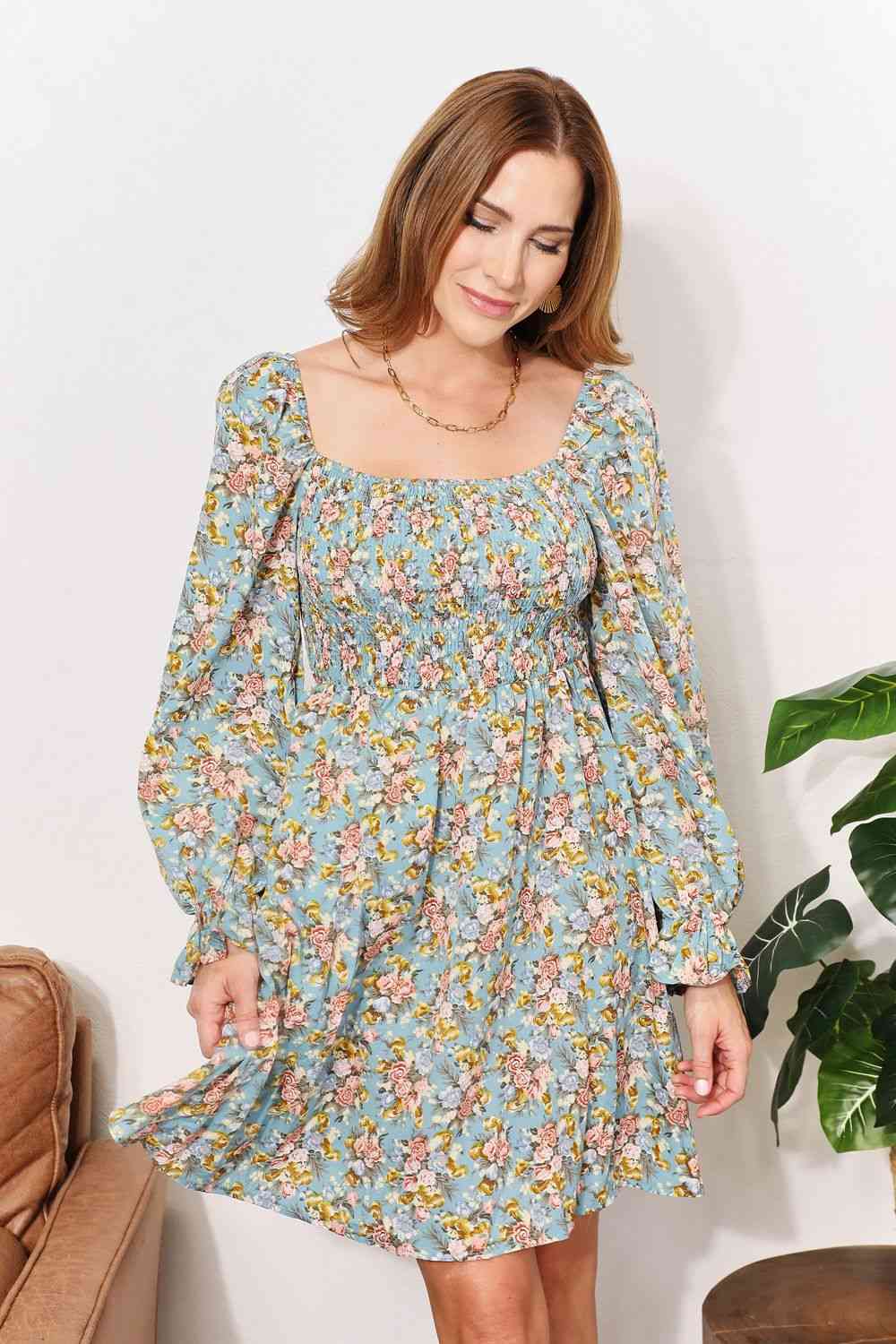 The Kimberly Floral Smocked Flounce Sleeve Square Neck Dress