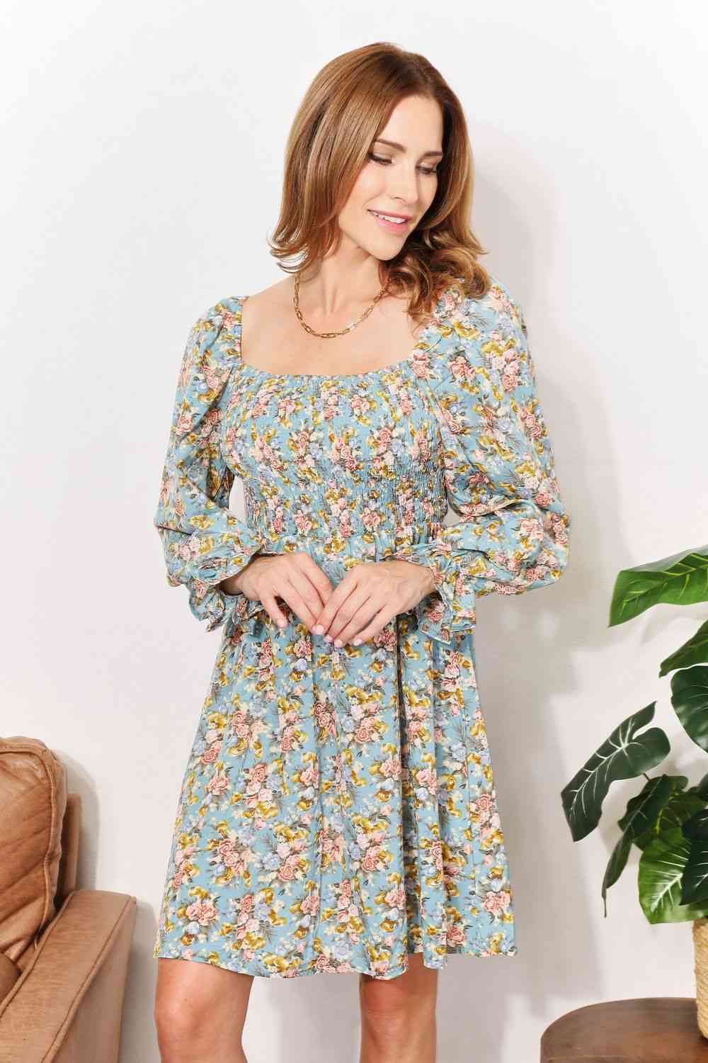 The Kimberly Floral Smocked Flounce Sleeve Square Neck Dress