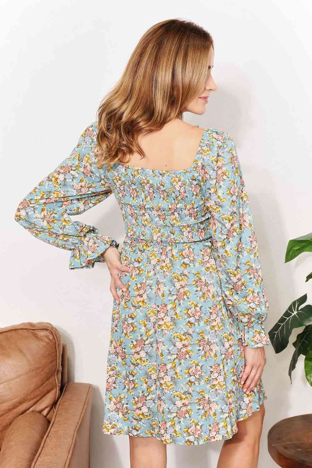 The Kimberly Floral Smocked Flounce Sleeve Square Neck Dress