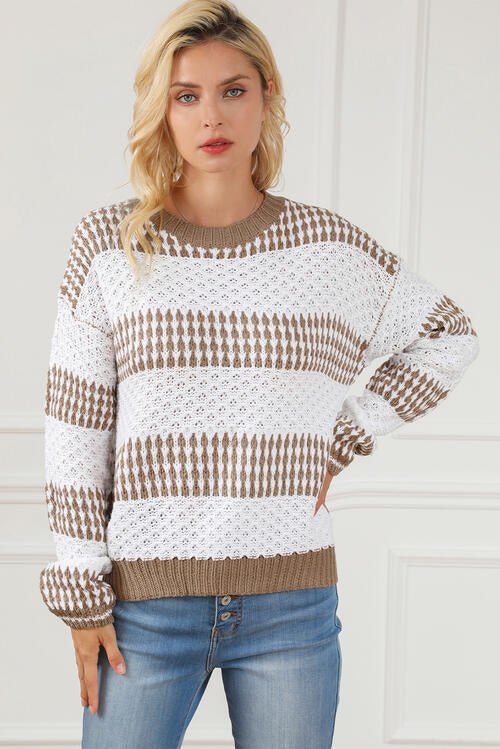The Lena Striped Round Neck Long Sleeve Knit Top