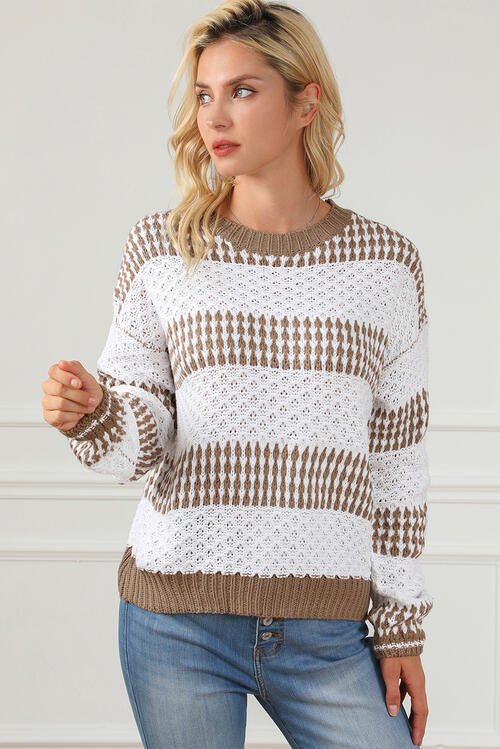 The Lena Striped Round Neck Long Sleeve Knit Top
