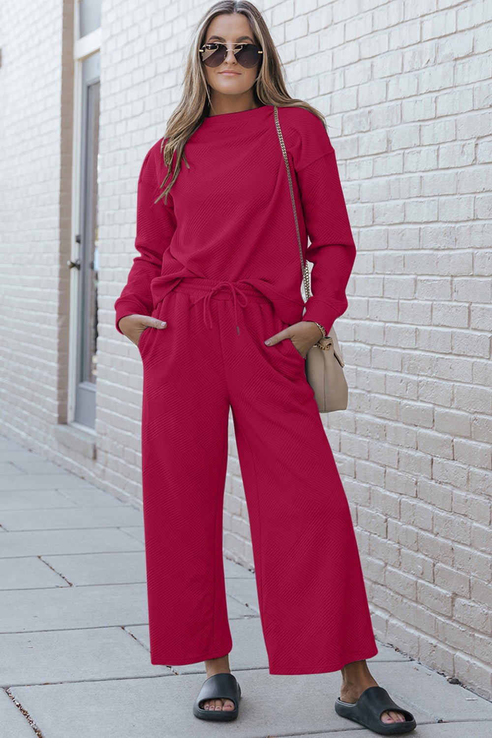 The Lexi Textured Long Sleeve Top and Drawstring Pants Set - PEONIES & LIME