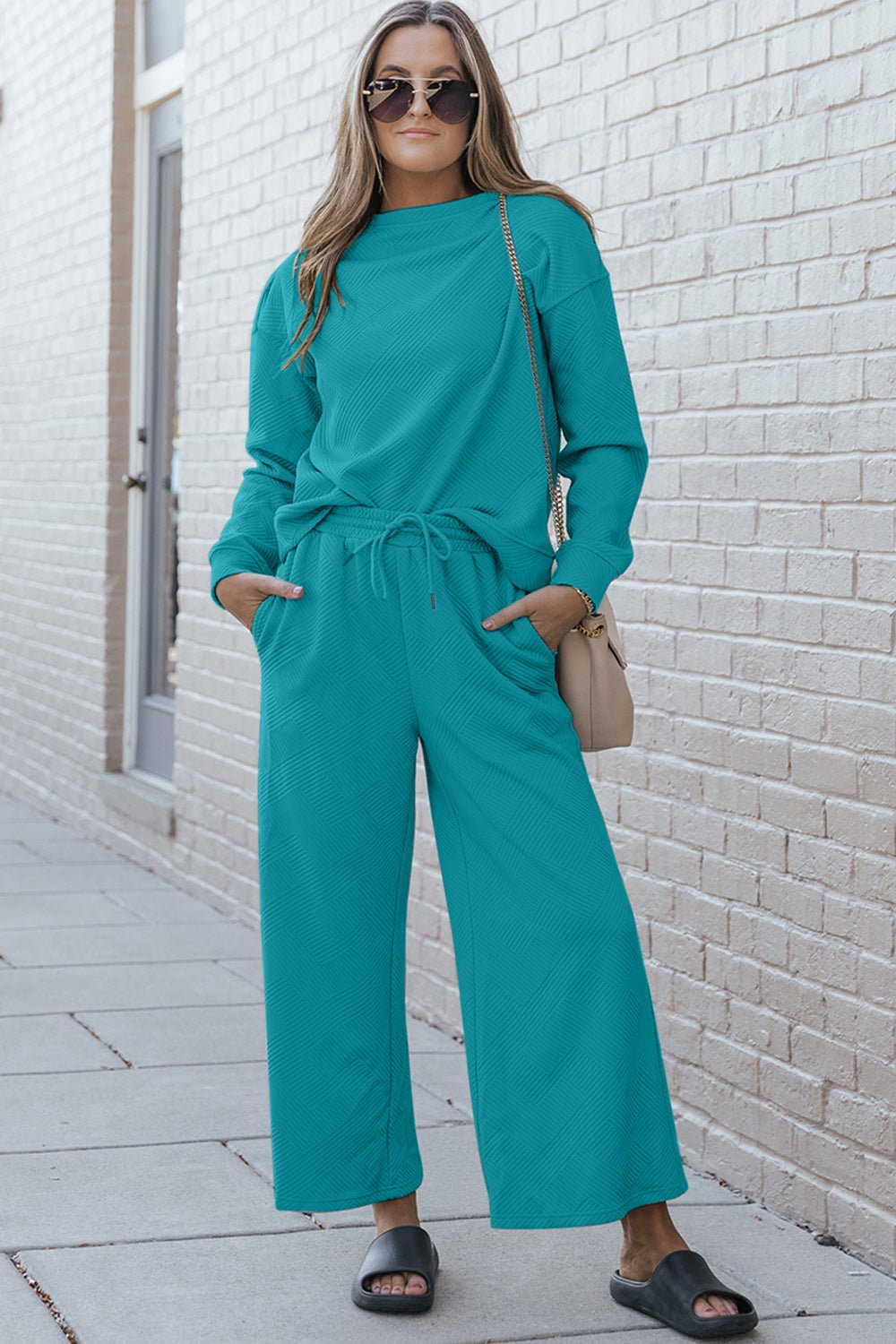 The Lexi Textured Long Sleeve Top and Drawstring Pants Set - PEONIES & LIME