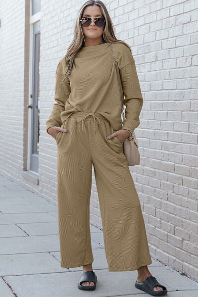 The Lexi Textured Long Sleeve Top and Drawstring Pants Set