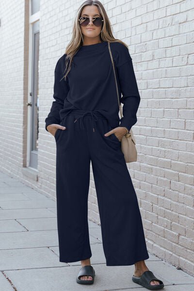 The Lexi Textured Long Sleeve Top and Drawstring Pants Set