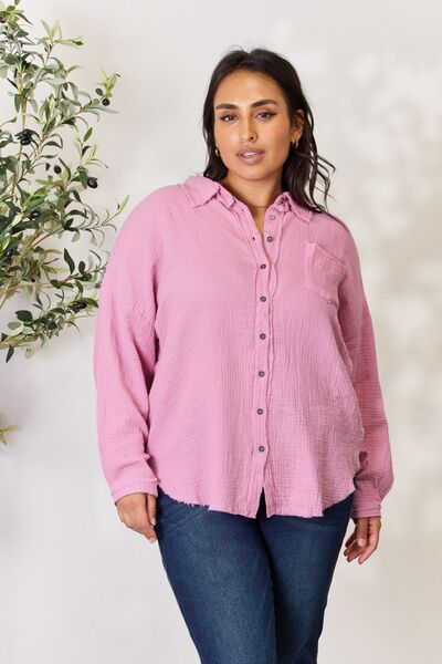 The Luna Buttun Up Raw Hem Long Sleeve Shirt - PEONIES & LIME