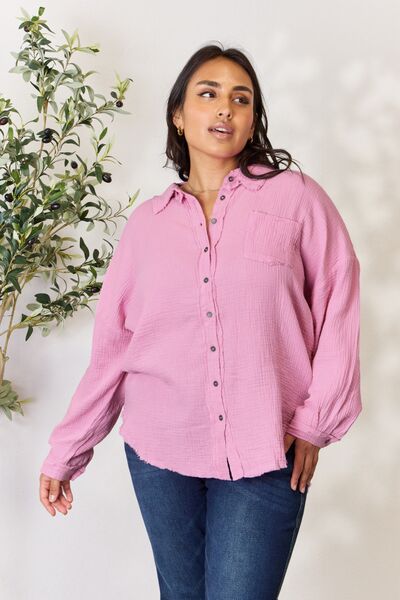 The Luna Buttun Up Raw Hem Long Sleeve Shirt - PEONIES & LIME