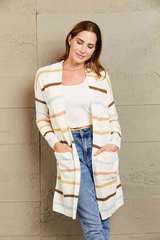 The Miranda Striped Rib-Knit Open Front Pocketed Cardigan