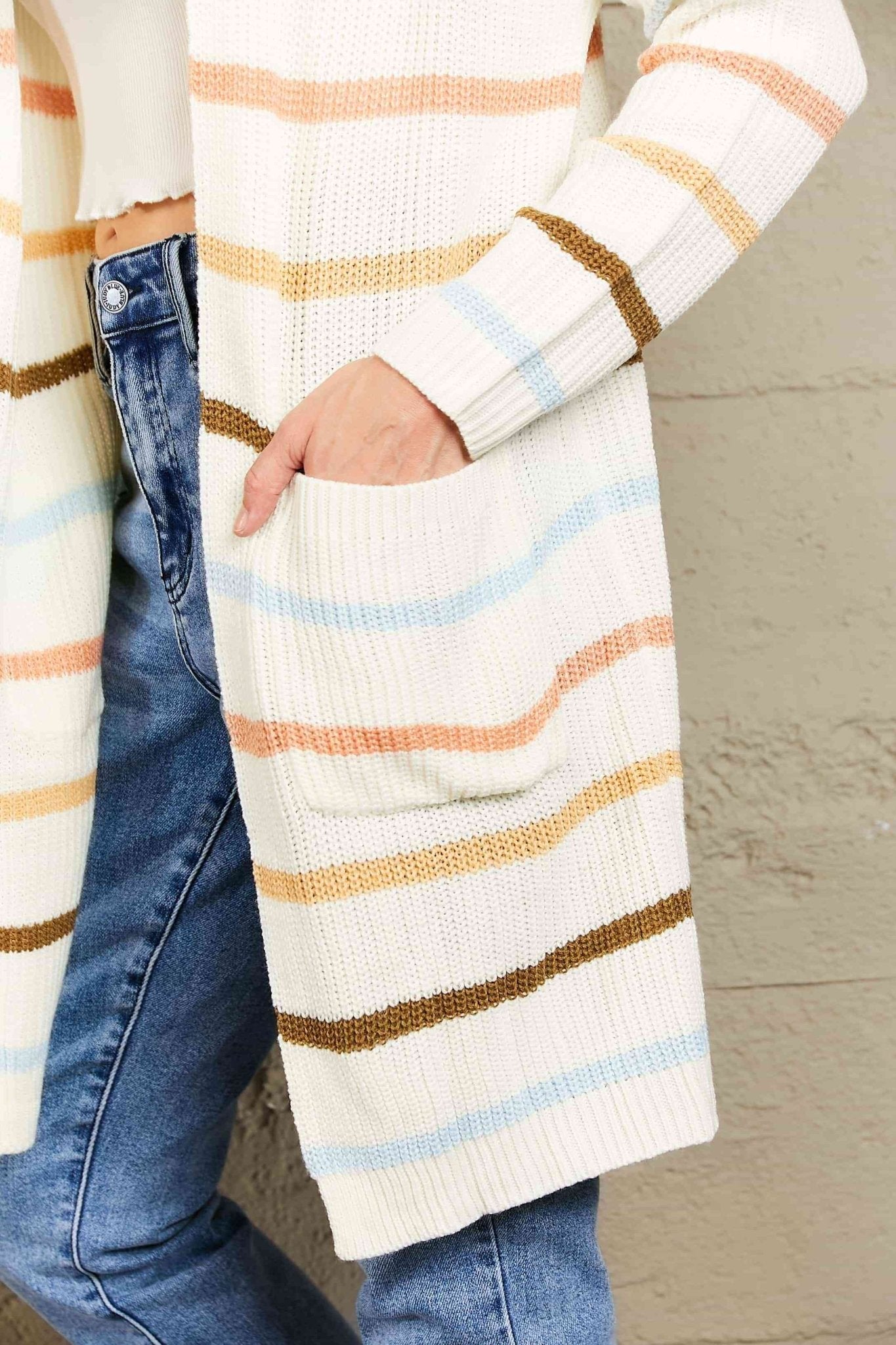 The Miranda Striped Rib-Knit Open Front Pocketed Cardigan