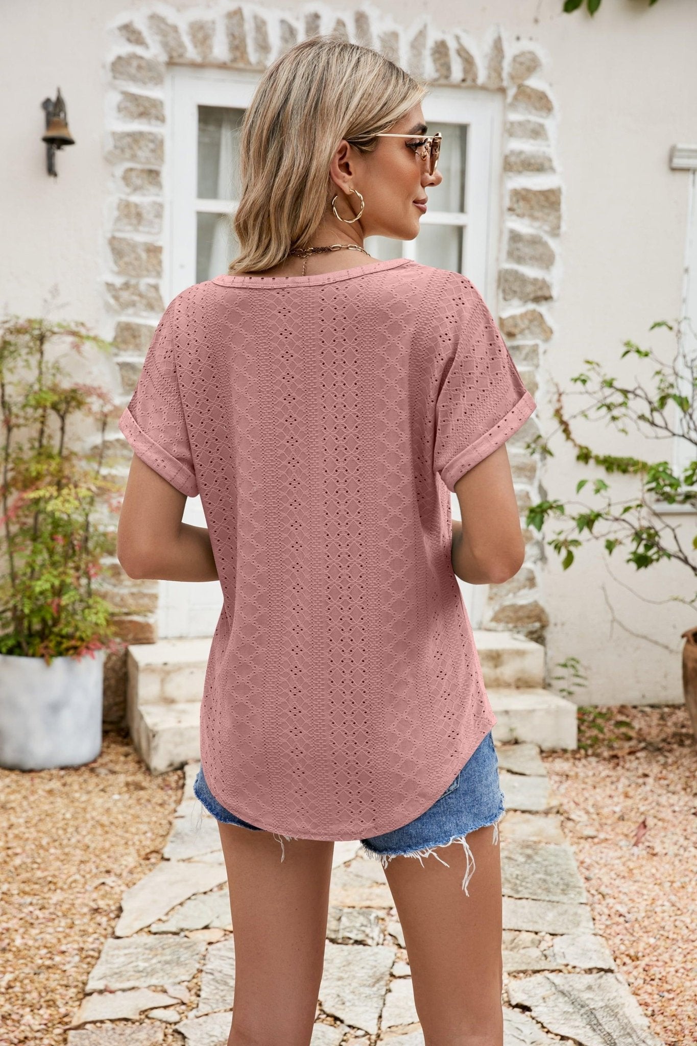 Full Size Round Neck Eyelet Short Sleeve Top - PEONIES + LIME