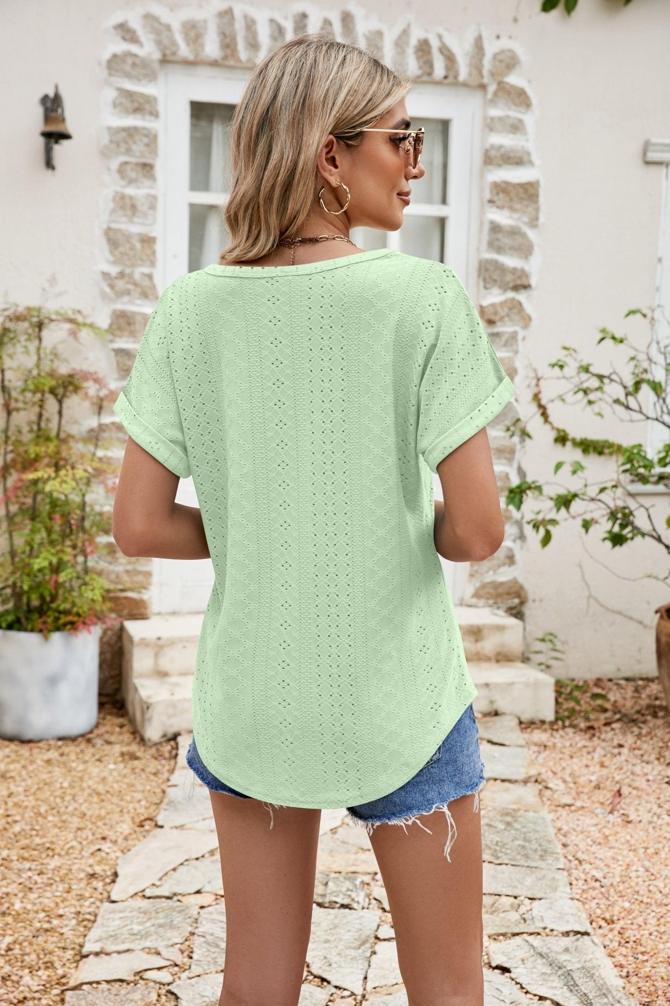 Full Size Round Neck Eyelet Short Sleeve Top - PEONIES + LIME