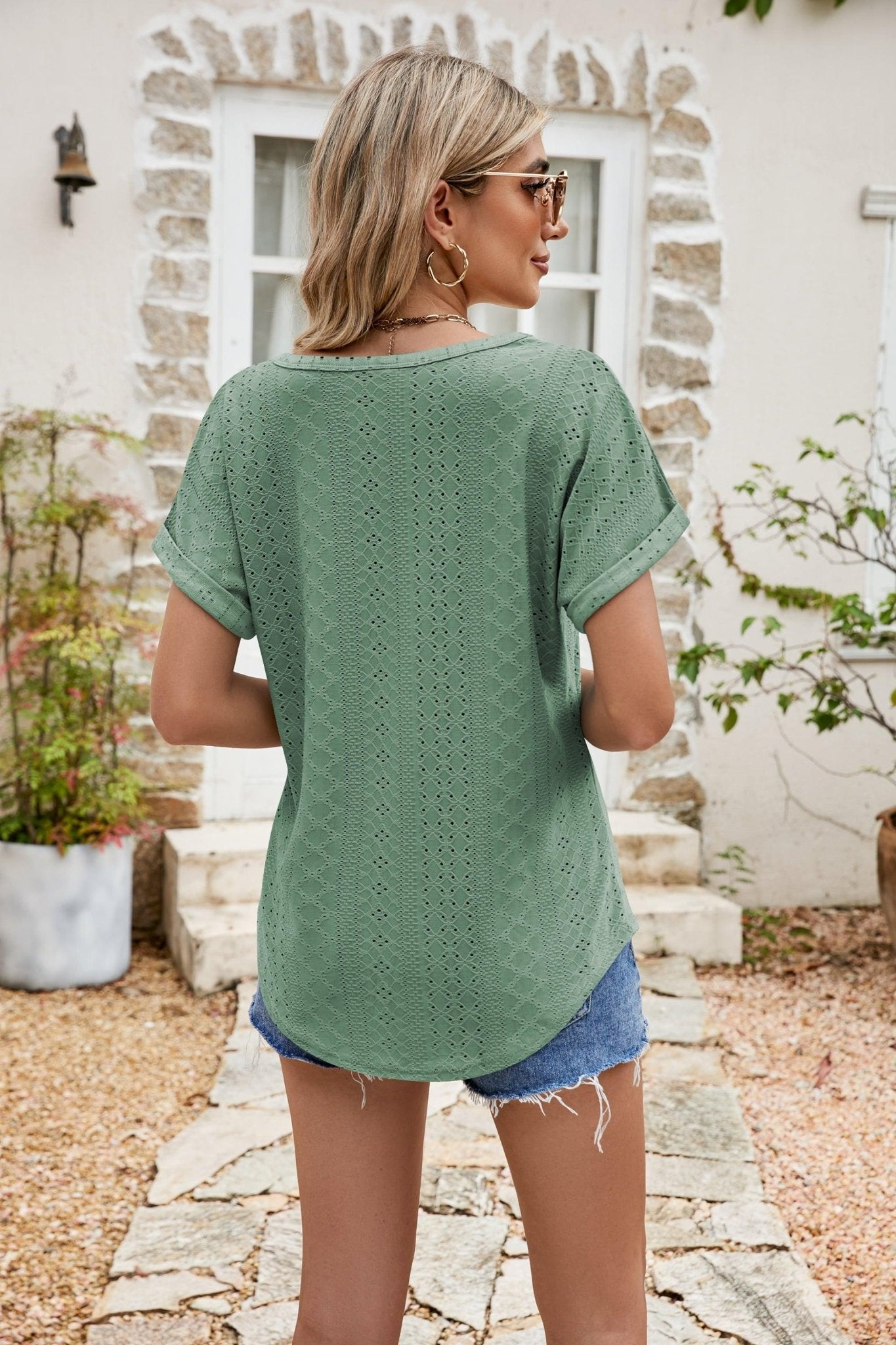 Full Size Round Neck Eyelet Short Sleeve Top - PEONIES + LIME