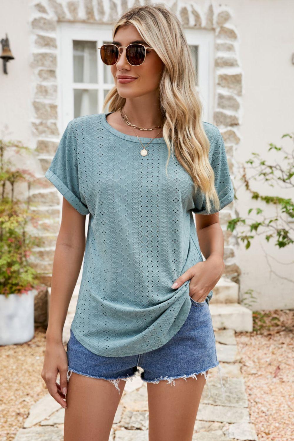 Full Size Round Neck Eyelet Short Sleeve Top - PEONIES + LIME