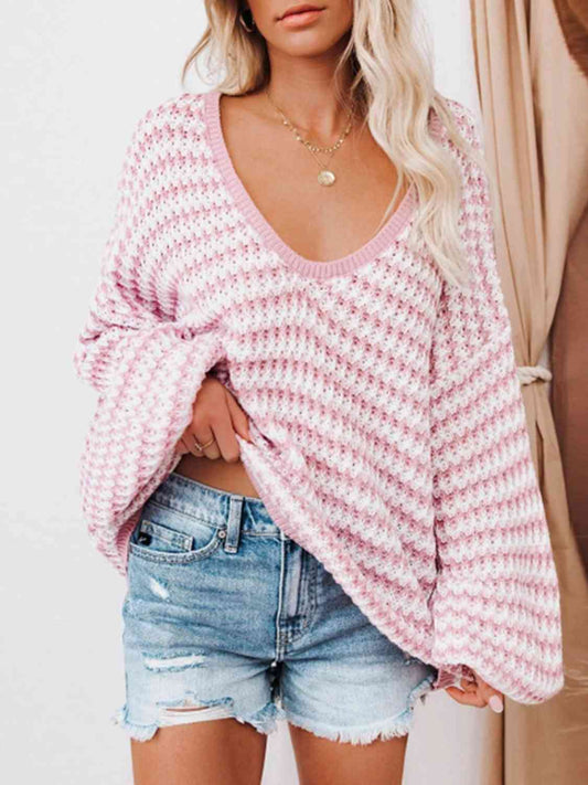 The Piper Striped Drop Shoulder V-Neck Sweater