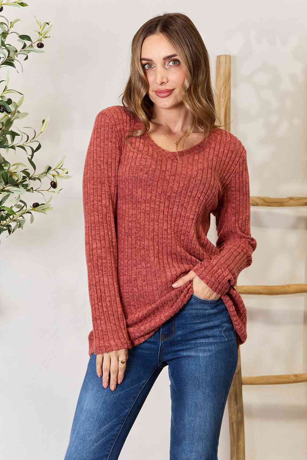 The Reese Ribbed V-Neck Long Sleeve T-Shirt