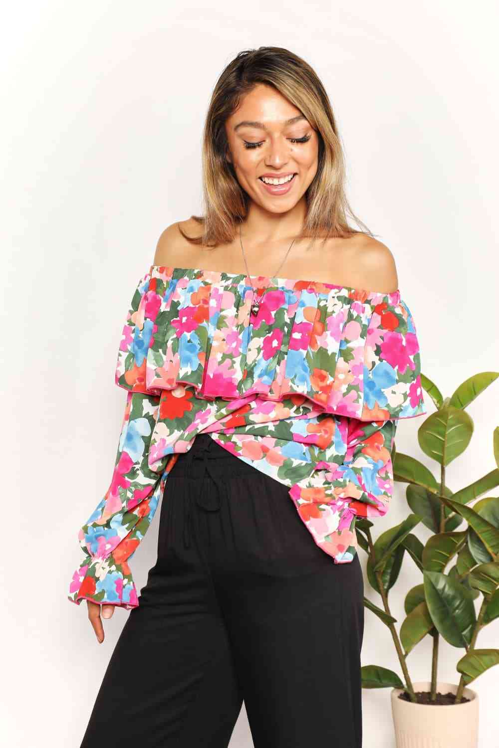 The Samantha Floral Off-Shoulder Flounce Sleeve Layered Blouse