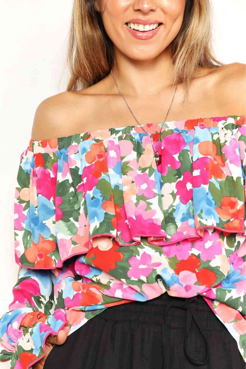 The Samantha Floral Off-Shoulder Flounce Sleeve Layered Blouse