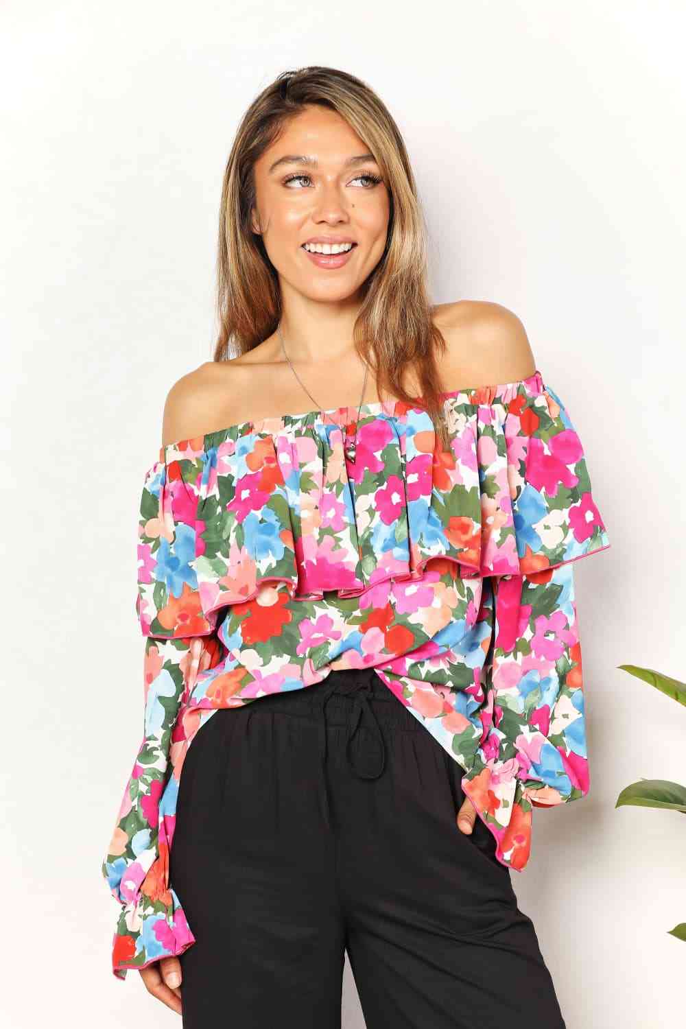 The Samantha Floral Off-Shoulder Flounce Sleeve Layered Blouse