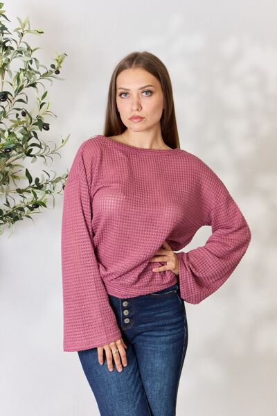 The Sharon Waffle-Knit Round Neck Long Sleeve Blouse - PEONIES & LIME