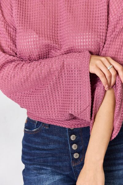 The Sharon Waffle-Knit Round Neck Long Sleeve Blouse - PEONIES & LIME