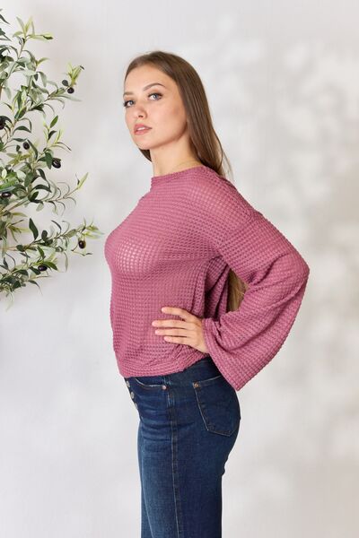 The Sharon Waffle-Knit Round Neck Long Sleeve Blouse - PEONIES & LIME