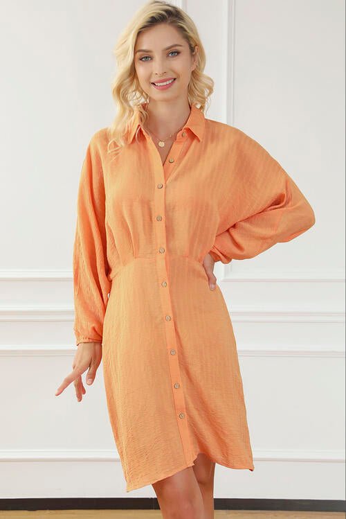 The Sienna Texture Button Up Balloon Sleeve Shirt Dress - PEONIES & LIME