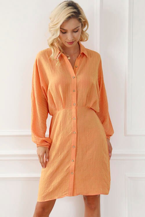 The Sienna Texture Button Up Balloon Sleeve Shirt Dress - PEONIES & LIME